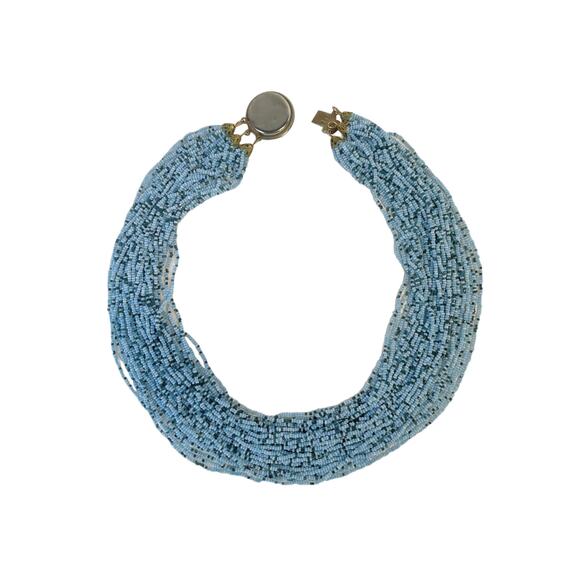 1980s Blue 36 Strand Seed Bead Demi Parure Torsade Choker & Clip On Earrings - Picture 5 of 10